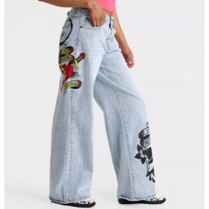 Ed Hardy Light Wash Denim Jeans With "Life Before Honor" Tattoo-Inspired Designs